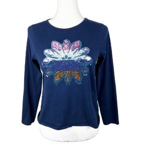 Lands' End Shirt Youth Large Blue Short Sleeve Snowflake Reversible Flip Sequin
